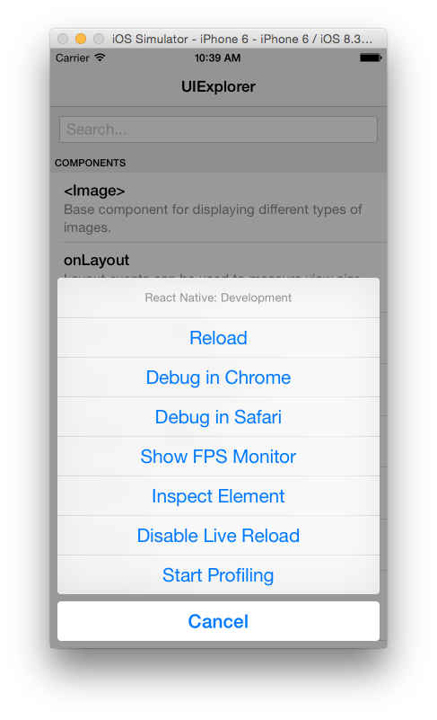 React debugger menu on a mobile device. Source: http://hharnisc.github.io/images/posts/react-native-debug-tools.png.