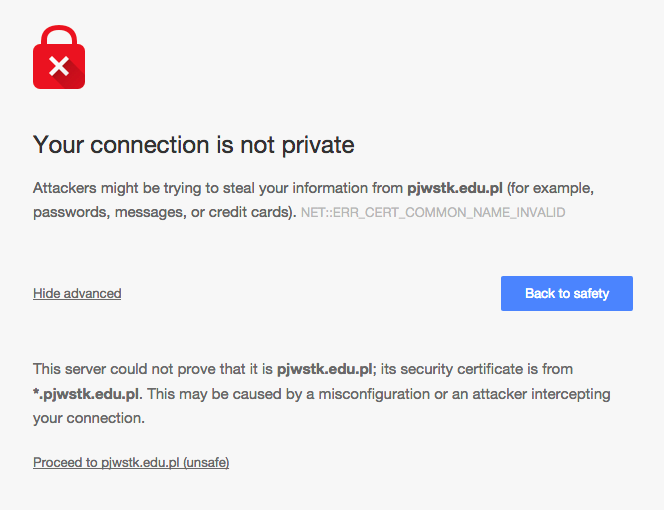 "Your connection is not private" notification in Google Chrome.