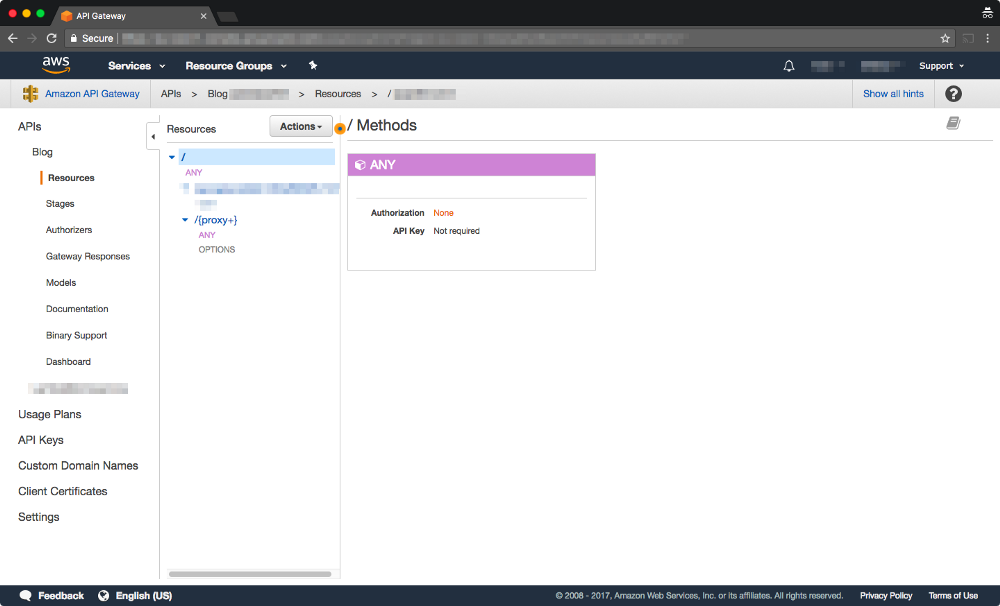 API Gateway screenshot showing configuration for Express. There should be one resource for the index.html page and a sub resource for handling all routes within Ember.